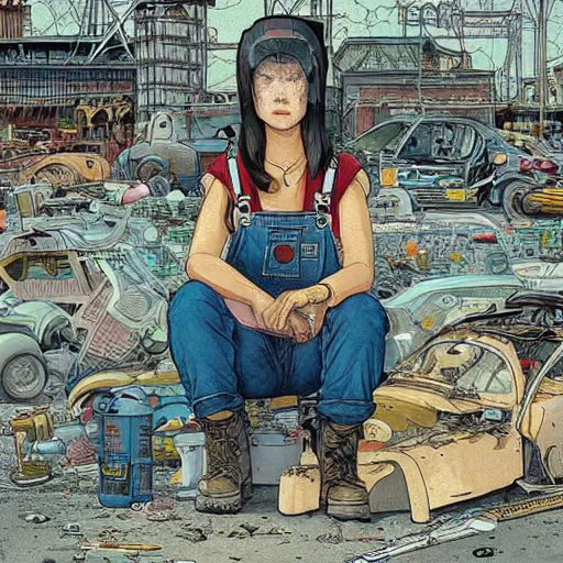 Image similar to “illustation of a woman sitting in a junkyard. Overalls and tools . Science fiction. Intricate digital painting. Art by Mœbius. Character portrait. Character design. Concept art. Symmetrical face. Detailed realistic face.”