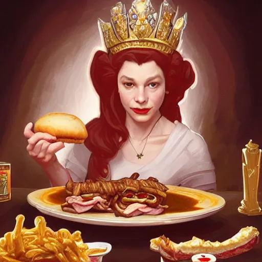 Prompt: Queen Elizabeth II eating cheesesteaks, dripping BBQ Sauce, serving burgers, D&D, spilling ketchup, fantasy, intricate, elegant, highly detailed, digital painting, artstation, concept art, matte, sharp focus, illustration, hearthstone, art by Artgerm and Greg Rutkowski and Alphonse Mucha