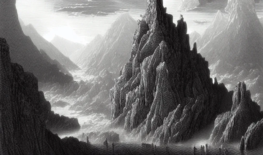 Prompt: a beautiful landscape. engraving by gustave dore, kentaro miura. extremely high details, masterpiece, artstation contest winner