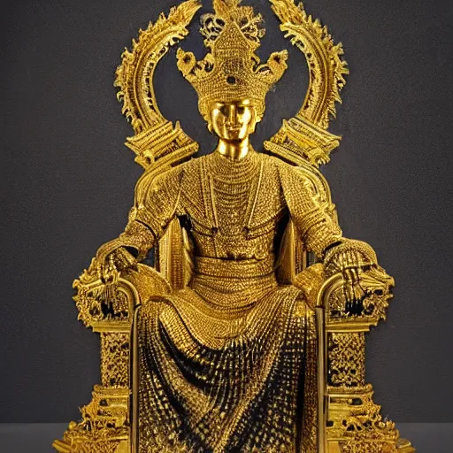 Prompt: epic deatailed golden statue of the King, surrounded by intricate gold lace metalwork on a black smokey background. metallic, accent lighting, glowing, gold