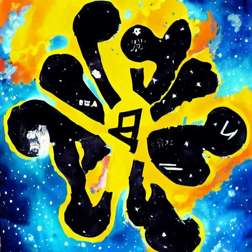 Image similar to a messy painting of the Wu-Tang Clan in space