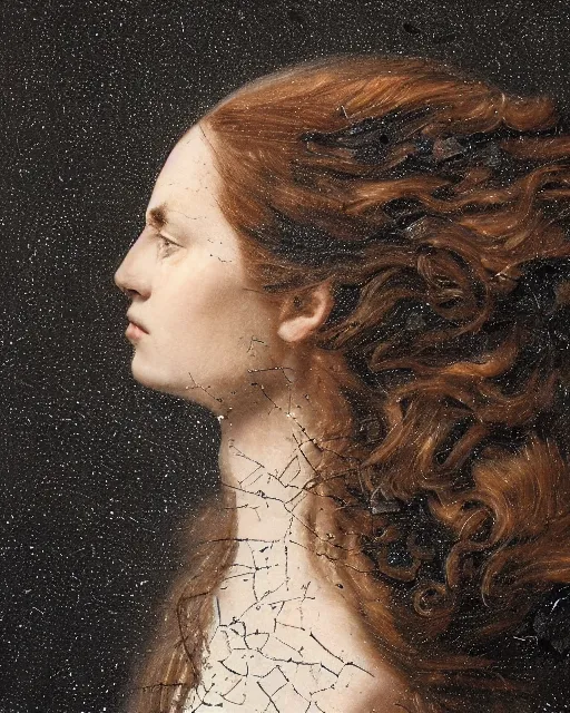 Prompt: a woman's face in profile, long hair made of crystals in the style of the Dutch masters and Gregory Crewdson, dark and moody