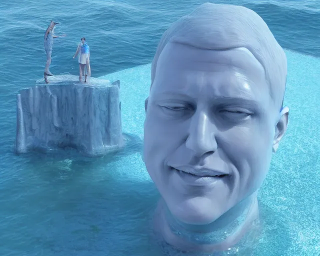 Image similar to a giant sculpture made out of of gelatin in a human head shape, on the surface of the ocean, in the style of chad knight, long shot, hyper detailed, hyper realistic, ray tracing, 8 k resolution, sharp focus, realistic water, award winning sculpture