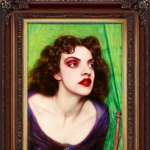 Image similar to portrait of a hybrid of judy garland and lady gaga with marfan syndrome, downward slanting eyes, with a brown fringe, holman hunt, john william waterhouse, kilian eng, rosetti, john everett millais, william holman hunt, 4 k