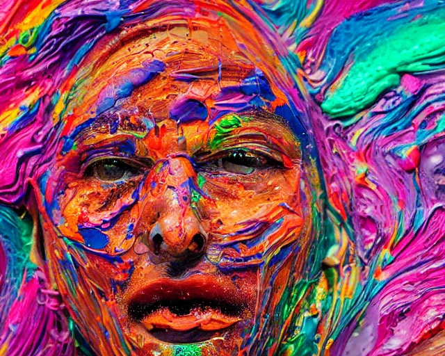 Image similar to still shot close up footage of the portrait of a human head made of acrylic pour and splashing paint and paint explosion and dripping paint and flying paint chunk, motion blur, hyperrealistic, medical, intricate art photography, anatomically correct, realistic crisp textures, 1 6 k