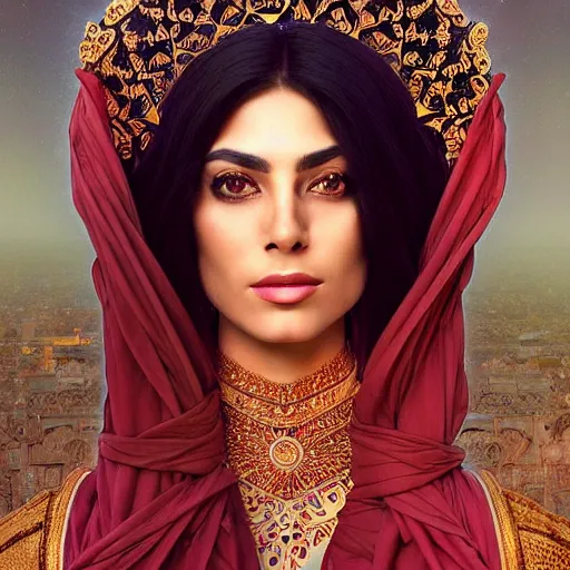 Image similar to Beautiful portrait of a Persian Princess who is an architect, beautiful princess, face painting, architecture, persian style architecture, dramatic lighting, intricate, wild, highly detailed, digital painting, artstation, concept art, smooth, sharp focus, illustration, black+velvet+red, art by artgerm and greg rutkowski and alphonse mucha, footage from space camera