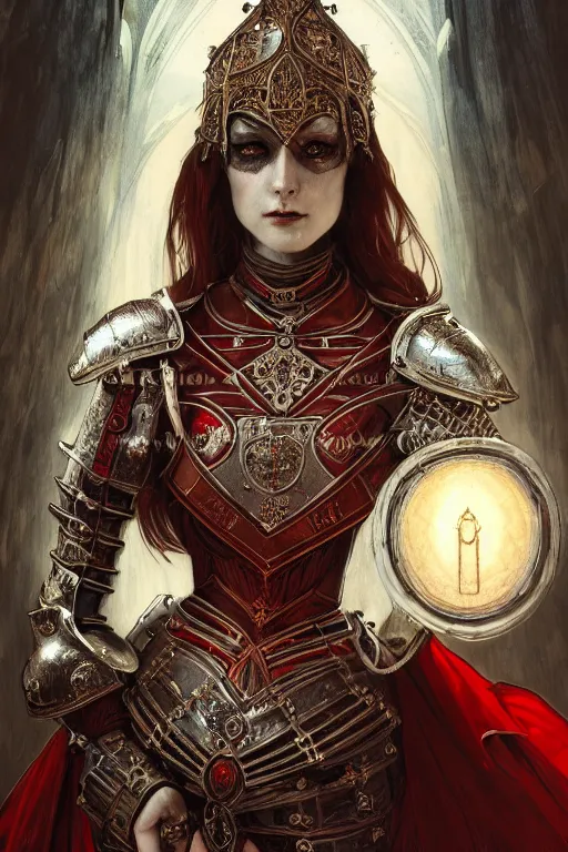 Prompt: beautiful luxury and elite and victorian and holy medieval female red and white color armor knight portrait+smoky eyes+light flowing hair, in ruin gothic cathedral, ultradetail face, art and illustration by tian zi and craig mullins and WLOP and alphonse mucha, fantasy, intricate complexity, human structure, fantasy world concept, watermark, blurry, hyperrealism 8k