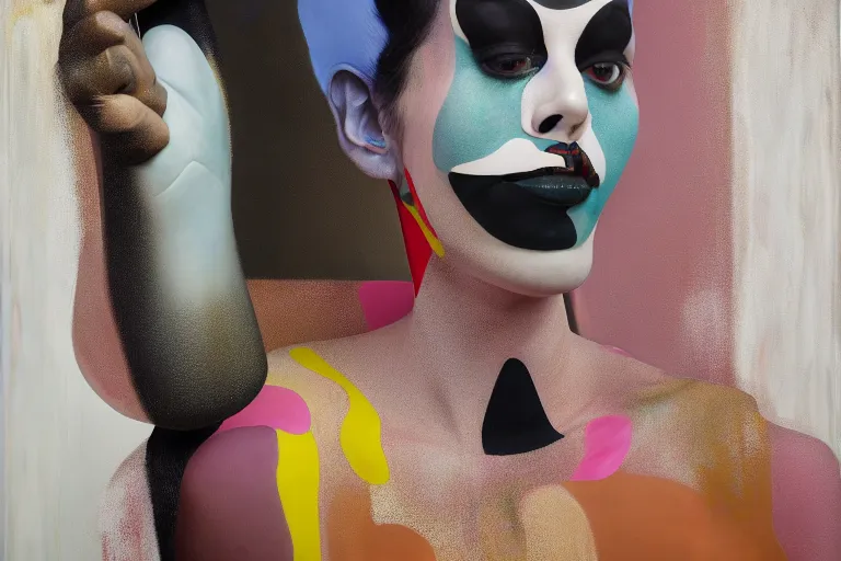 Prompt: portrait of a morphed harlequin sitting on a stool looking into a mirror doing makeup by james jean and luc tuymans and beeple and hernan bas and pat steir and hilma af klint, psychological, dripping paint, high quality render, masterpiece