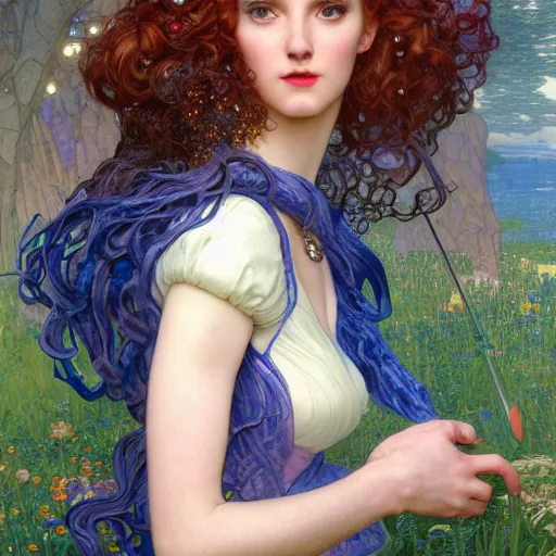 Image similar to Masterpiece head and shoulders portrait of Gwen from League of Legends of Arcane animated Series as with blue long and very curly pigteils and arcane maid outfit drawn by Donato Giancola and Tom Bagshaw, Edmund Leighton, Alphonse Mucha, background by James Jean and Gustav Klimt, 4k, porcelain skin, volumetric lighting, komorebi, french nouveau, trending on artstation, octane render, hyperrealistic