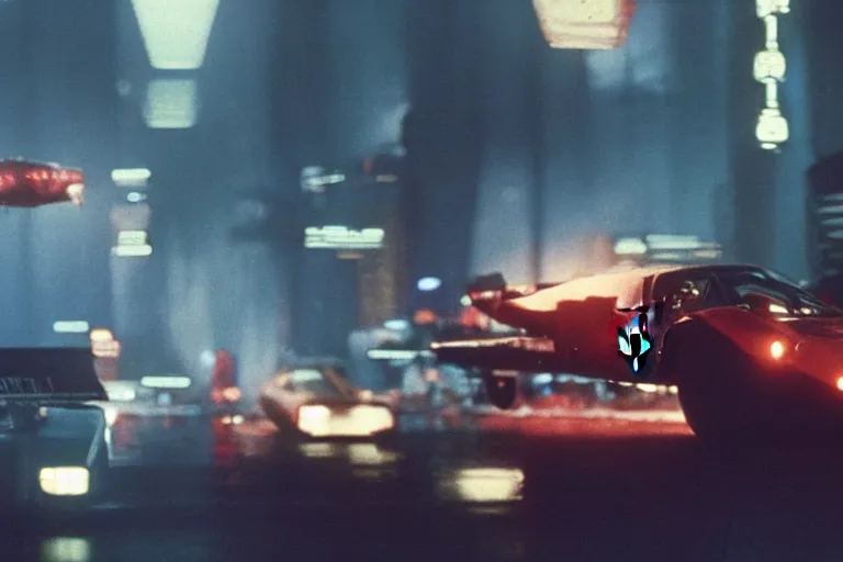 Prompt: film still of a flying Ferrari in Bladerunner, 8k,