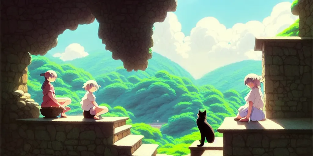 Image similar to the girl and the cat, sitting on stairs. morning in a small village in the mountains, rocky roads, beautifull puffy clouds. anime, studio ghibli. intricate, beautiful, cinematic. professional digital painting, artstation, concept art, smooth, Unreal Engine 5, 8k, cinema 4d, 3D. art by artgerm and greg rutkowski and alphonse mucha