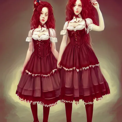 Image similar to twins wearing a lolita dress, full body shot, red hair, highly detailed, digital painting, artstation, concept art, smooth, sharp focus, illustration