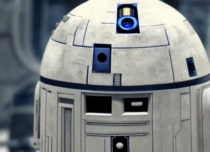 Image similar to screenshot of R2-D2 droid head mixed with an AT-AT hybrid, scene from the empire strikes back, 1980s film directed by Stanley Kubrick, cinematic lighting, kodak stock, hyper real, stunning moody cinematography, with anamorphic lenses, crisp, detailed portrait, 4k image