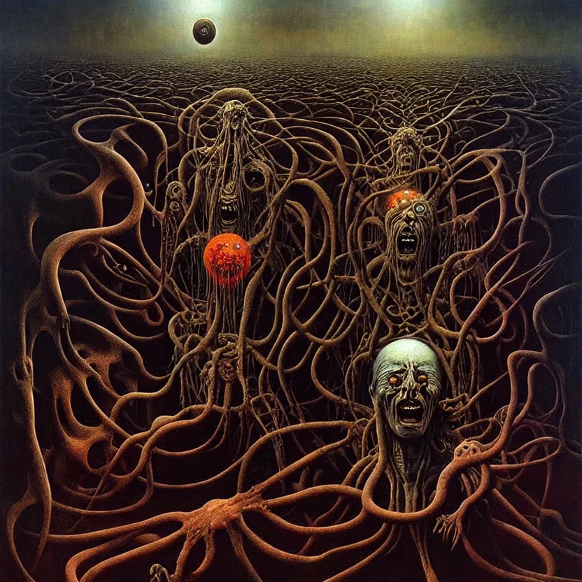 Image similar to a living nightmare, cosmic horror, by zdzisław beksinski and esao andrews and salvador dali, oil on canvas, mixed media, abstract, surreal, horror, dark, intricate textures