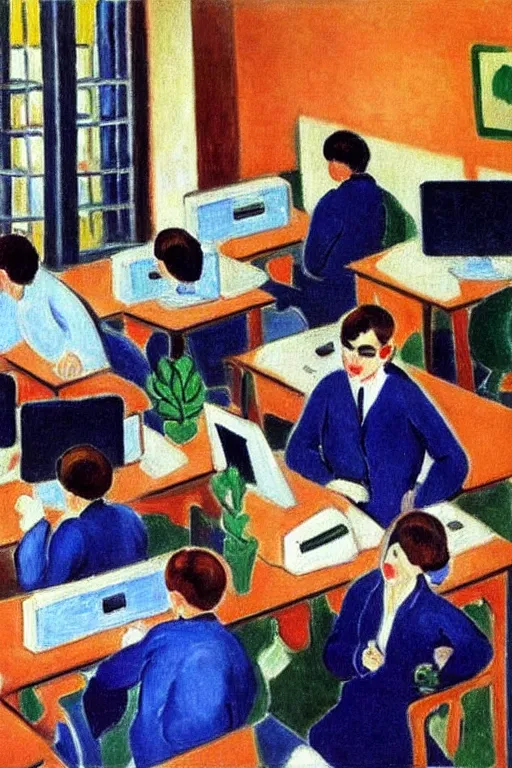 Image similar to oil painting highly detailed computer workers in office painted by henri matisse, impressionism