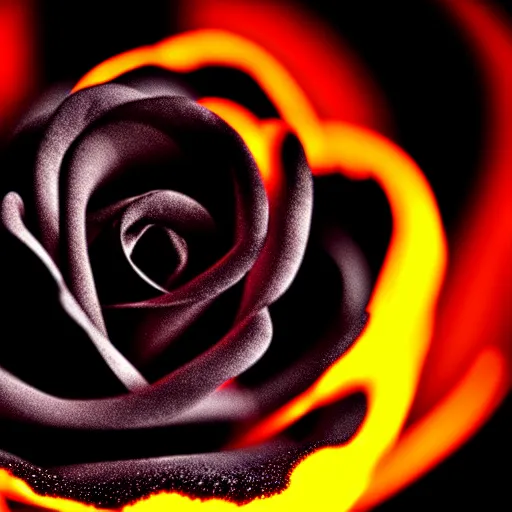 Image similar to award - winning macro of a beautiful black rose made of glowing molten magma