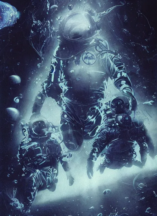 Image similar to astronauts divers in dark void underwater - complex and hyperdetailed technical suit design. reflection and dispersion materials. rays and dispersion of light. volumetric light. f / 3 2. noise film photo. flash photography. ultra realistic, 5 0 mm. poster by wayne barlowe, hajime sorayama aaron horkey, craig mullins