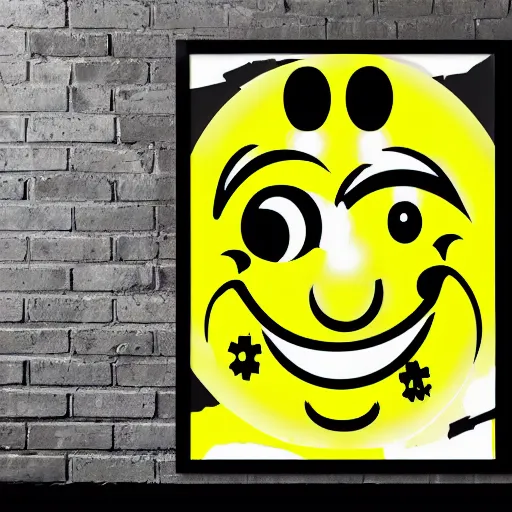 Image similar to acid house rave flyer, poster, smiley face, florescent yellow and black