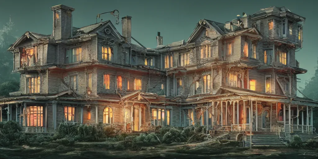 Prompt: a serial killers mansion, realistic, extremely detailed, sharp focus, wide view, smooth, digital illustration, intense colors, octane render, unreal engine 6, ray tracing, by james jean, by rossdraws, by frank franzzeta, by mcbess, by sakimichan, by brosmin, by danton fadeev, by steve simpson