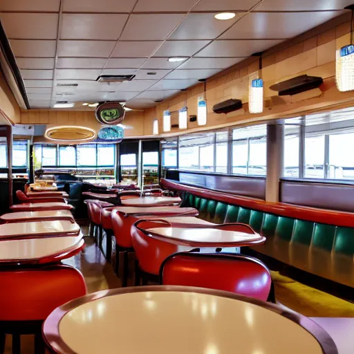 Image similar to 2 0 0 1 y 2 k diner, tables repeat endlessly 8 5 mm f / 1 1 interior photography two point perspective