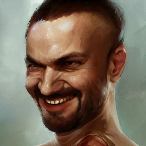 Image similar to a head - on detailed oil portrait of a round - faced bald male martial artist with a friendly smile, by charlie bowater, lise deharme, wlop, trending on artstation, dungeon and dragons art, critical role