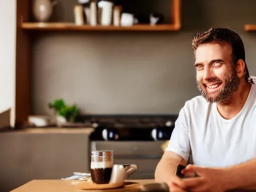 Prompt: a happy man sitting at a table and taking a sip of coffee while his house burns around him