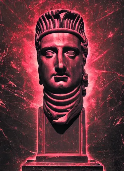 Image similar to dark design poster showing a statue of a roman emperor, black background with very subtle red and purple design elements, powerful, nekro, vito acconci, thin straight lines, dark, glitch art, neo vaporwave, gritty, layout frame, square, extremly detailed, trending on artstation