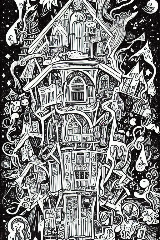 Prompt: mcbess illustration of a magical, mystical wizards house full of potions, rainbow gouache