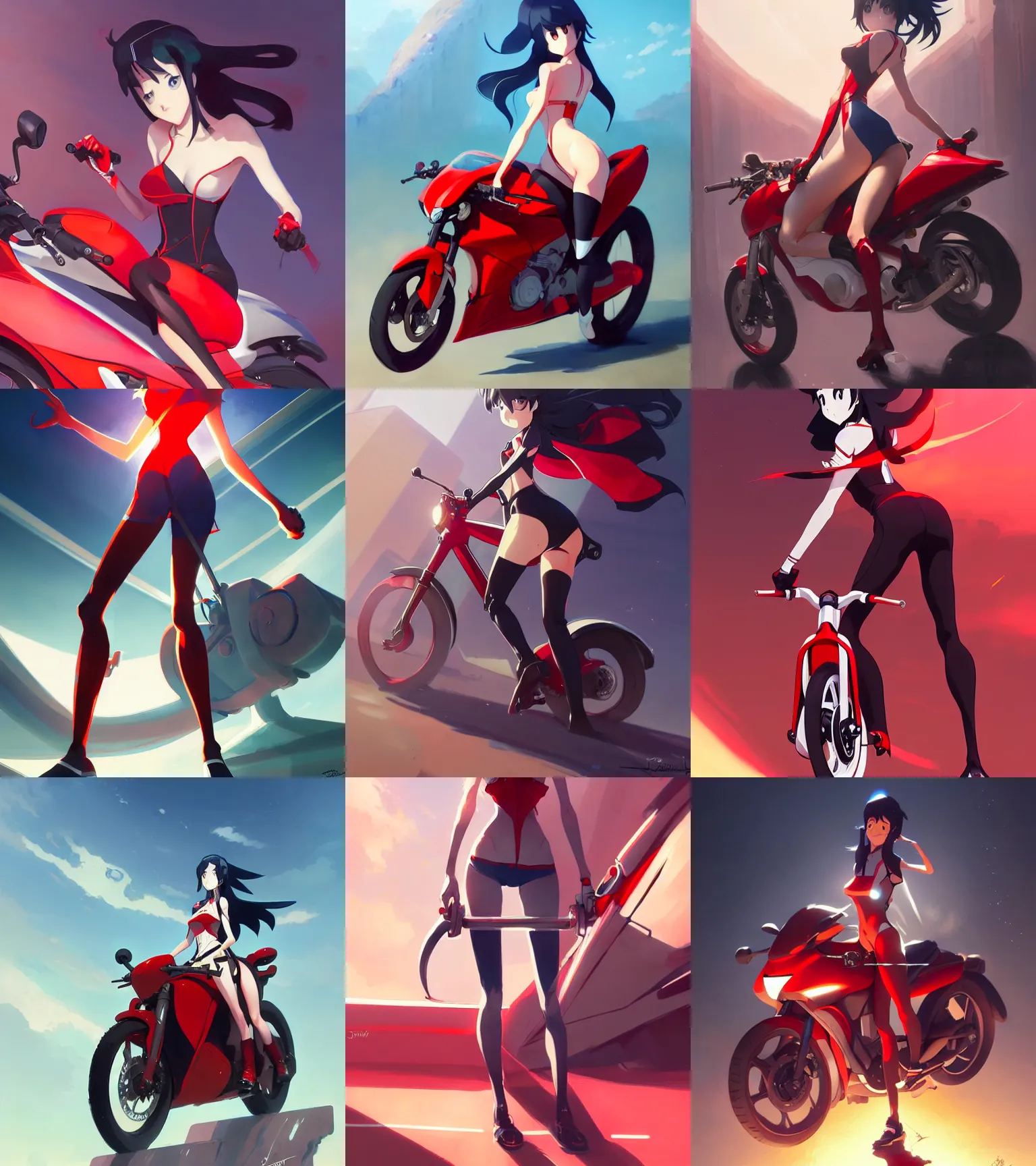 Prompt: Matoi Ryuko rides red sports bike, hourglass slim figure, seductive smile, details, sharp focus, illustration, by Jordan Grimmer and greg rutkowski, Trending artstation, pixiv, digital Art