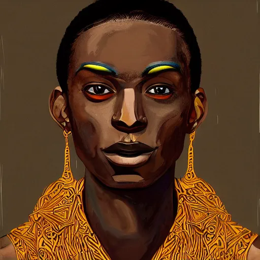 Prompt: a professionally painted african male model , clothed in ancient street wear, dark skin, reddish gold hair, beautiful bone structure, symmetrical features, stunningly, beautiful, intricate, elegant, digital painting, smooth, sharp focus, illustration, no cropping, made by Wiley, Kara Walker, Jacob Lawrence, Sam Gilliam, Edmonia Lewis,
