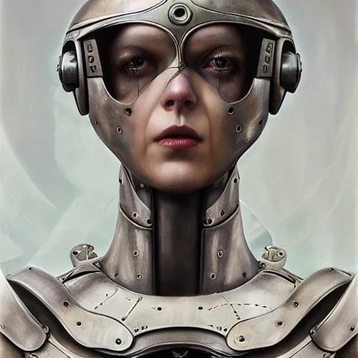 Prompt: tom bagshaw, curiosities carnival fallout, photorealistic medium shot soft paint of a single beautiful bald female full long futuristic metallic armor very tight metal helmet ornate, face, gynoid cyborg wires tentacles body, accurate features, focus, very intricate ultrafine details, award winning masterpiece