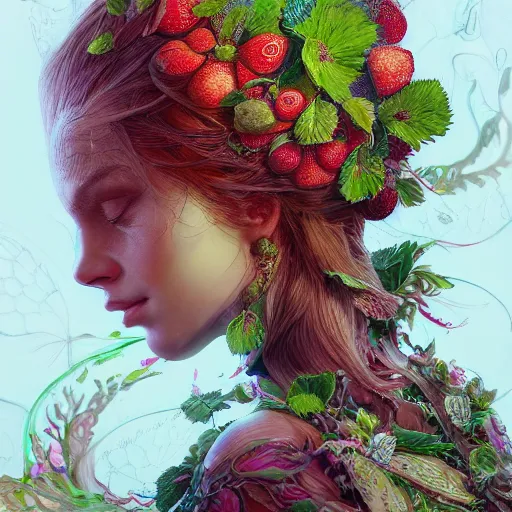 Image similar to the portrait of an absurdly beautiful, graceful, elegant, young woman made of strawberries and green petals, an ultrafine hyperdetailed illustration by kim jung gi, irakli nadar, intricate linework, bright colors, octopath traveler, final fantasy, angular, unreal engine 5 highly rendered, global illumination, radiant light, detailed and intricate environment