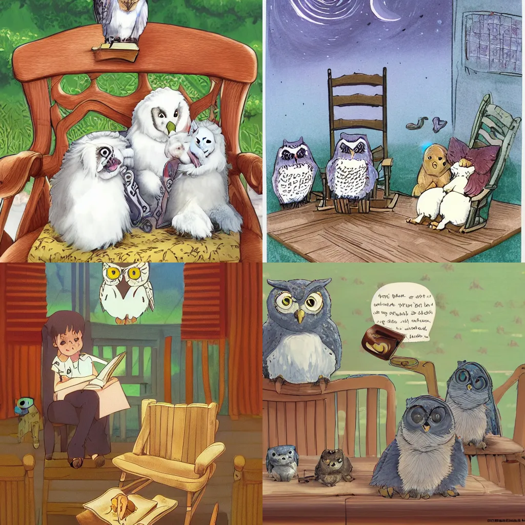 Prompt: !dream An Owl on a rocking chair reading a book to a bunch of baby puppies that are sitting down in front of the Owl, made by studio ghibli, HD