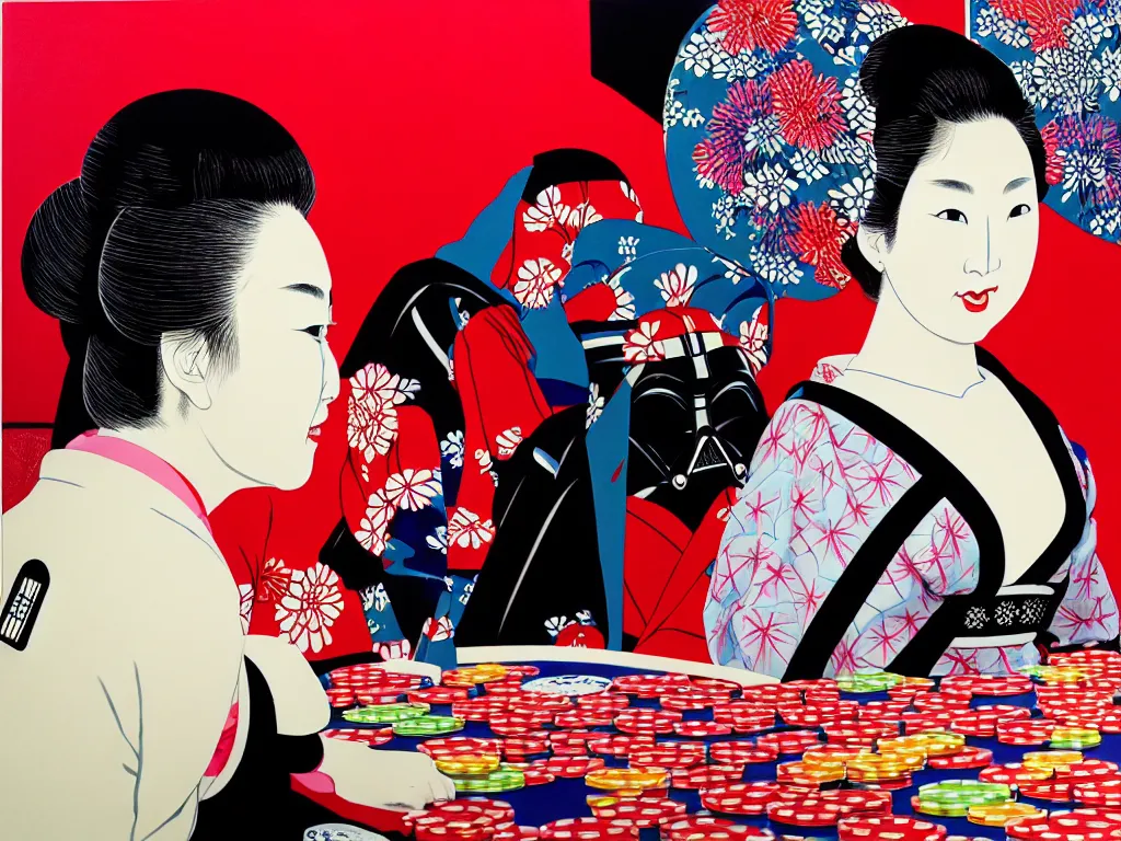 Image similar to hyperrealism composition of the detailed woman in a japanese kimono sitting at a poker table with darth vader, fireworks on the background, pop - art style, jacky tsai style, andy warhol style, ukiyo e, acrylic on canvas