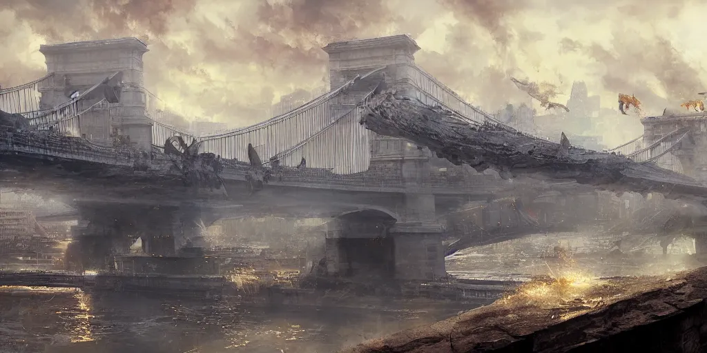 Image similar to kaiju in budapest, chain bridge painting, greg rutkowski, craig mullins, detailed, cinematic