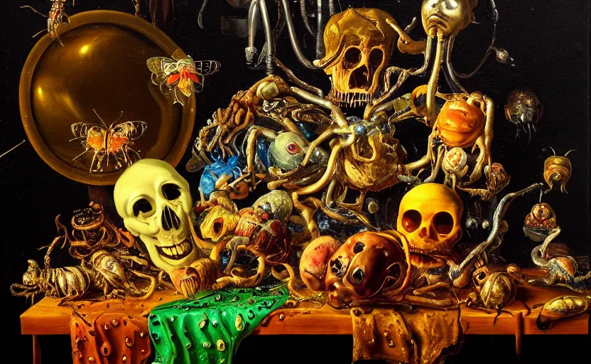 Image similar to disturbing colorful oil painting dutch golden age vanitas still life with bizarre recursive humanoid faces strange objects shiny gooey surfaces shiny metal bizarre insects rachel ruysch dali todd schorr very detailed perfect composition rule of thirds masterpiece canon 5 0 mm, cinematic lighting, chiaroscuro