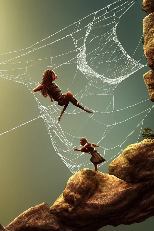 Image similar to Shrunk down human adventurers climbing on a spiders web, dewdrops, macro, dramatic lighting, cinematic, establishing shot, extremely high detail, foto realistic, cinematic lighting, post processed, concept art, high details, cinematic, 8k resolution, beautiful detailed, photorealistic, digital painting, artstation, concept art, smooth, sharp focus, artstation trending, octane render, unreal engine