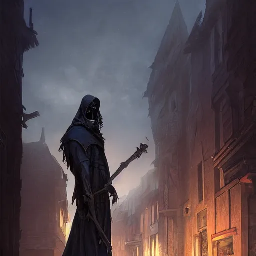 Image similar to Grim reaper standing between buildings in a medieval town at night, fantasy art, octane render, highly detailed, art by greg rutkowski