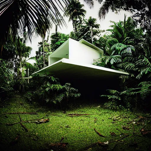 Prompt: hyperrealistic highdetailed abandoned white house by tadao ando in the tropical wood, palms, overgrown place, trees are in building and go through house, birds in the sky, mystic, melancholy, pinhole analogue photo quality, lomography, scratches on photo, noise effect, blur effect, 3 5 mm, monochrome