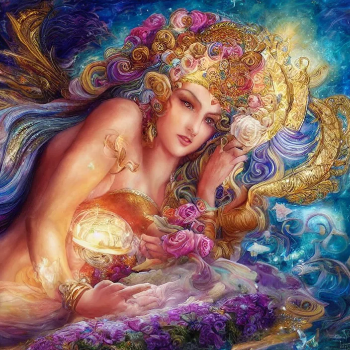 Image similar to a celestial goddess on her day off catching up on social media in bed, magic realism, art by josephine wall, art by huang guangjian, art by viktoria gavrilenko, art by amanda sage, trending on artstation