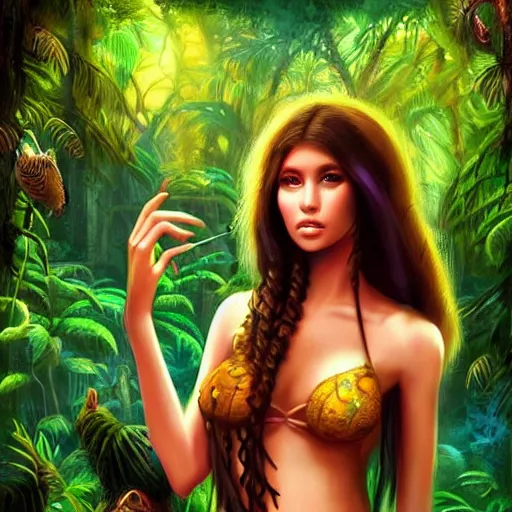 Prompt: beautiful jungle woman in the rainforest 3 - d 8 k resolution, concept art, detailed matte painting, digital art, artstation, amazing background, devianart, digital illustration, colorful lovely dreamscape in soft colors storybook illustration by anne stokes,