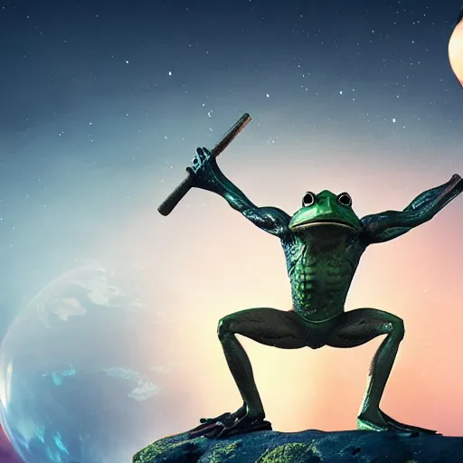 Prompt: a frog solider with muscles standing on two feet and lifting a planet, cinematic lightning, 8 k, octane, digital art, matte painting, vivid colors