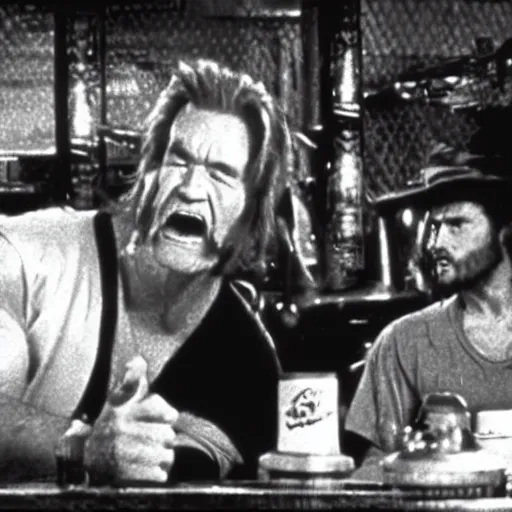 Prompt: deleted scene from Big trouble in little China, Jack Burton drinking beer, Chinatown bar, amazing shot, 1987