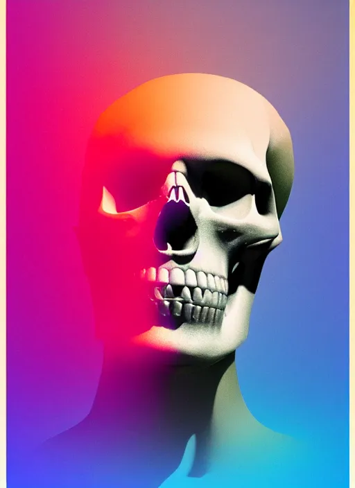 Image similar to statue of hercules, half his face as a skull, beeple, vaporwave, retrowave, tonal separation, black background, glitch, pixel sorting, strong contrast, pinterest, trending on artstation