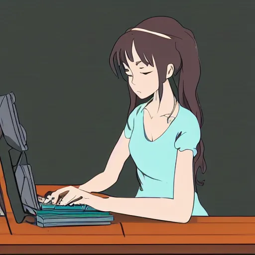 Prompt: a beautiful side view portrait of lofi girl sitting on her desktop writing something, digital art, anime, studio ghibli style