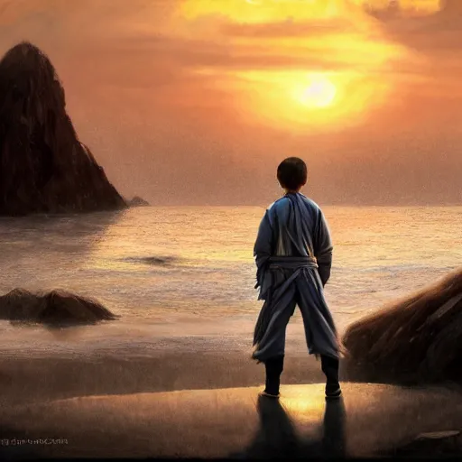 Image similar to a young male jedi with short dark blonde hair standing still looking at the sunset concept art by Doug Chiang cinematic, realistic painting, high definition, concept art, portait image, path tracing, serene landscape, high quality, highly detailed, 8K, soft colors, warm colors, turbulent sea, high coherence, anatomically correct, hyperrealistic, concept art, defined face, five fingers, symmetrical