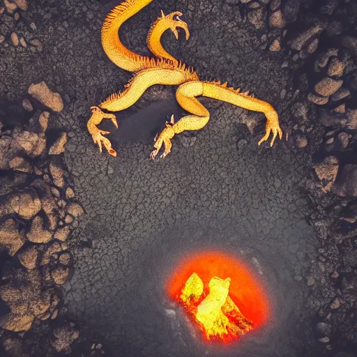 Prompt: candid photograph of a mythological western dragon bathing in lava, cryptid, unexplained phenomena, drone photography, 8k