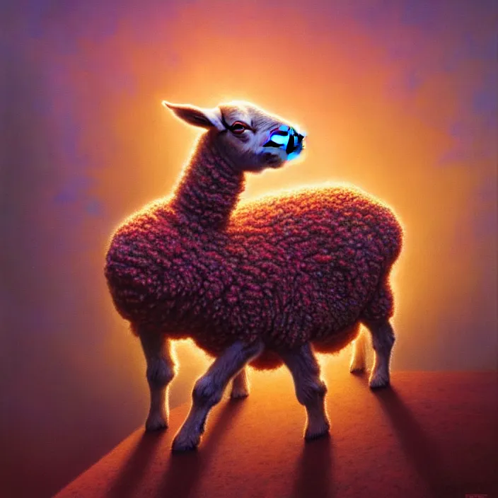 Prompt: lamb wearing a sweater, tim hildebrandt, wayne barlowe, bruce pennington, donato giancola, larry elmore, oil on canvas, masterpiece, trending on artstation, featured on pixiv, cinematic composition, dramatic pose, beautiful lighting, sharp, details, hyper - detailed, hd, hdr, 4 k, 8 k