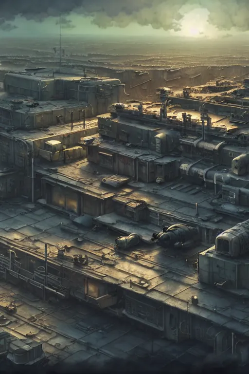 Prompt: a highly detailed matte painting of a post - apocalyptic dieselpunk military base aerial view, by studio ghibli, makoto shinkai, by artgerm, by wlop, by greg rutkowski, volumetric lighting, octane render, 4 k resolution, trending on artstation, masterpiece