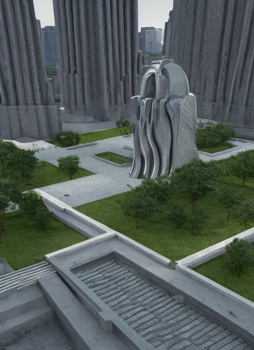 Image similar to highly detailed realistic architecture 3 d render of a futuristic stele monument in ieoh ming pei style standing in city park, archdaily, made in unreal engine 4 octane render